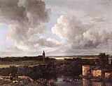 Extensive Canvas Paintings - An Extensive Landscape with a Ruined Castle and a Village Church